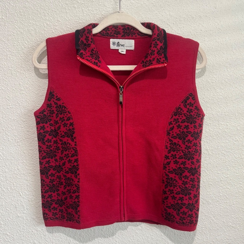 VTG Neve Designs Red Black Floral Knit High Neck Zip Up Vest New Wool Ski Winter